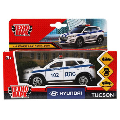 Машина металл HYUNDAI TUCSON ПОЛИЦИЯ, 12см, двери, багаж., инер, белый, кор. Технопарк в кор.2*36шт