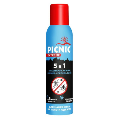 Picnic Extreme Аэрозоль 5в1 от комаров, мошки, клещей, слепней, блох 150мл/уп12