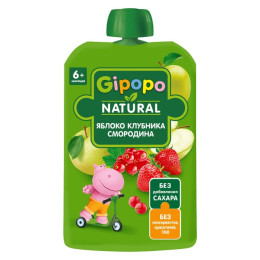 Пюре детское GIPOPO Яблоко, клубника, красная смородина с6м 90 г пауч/уп12