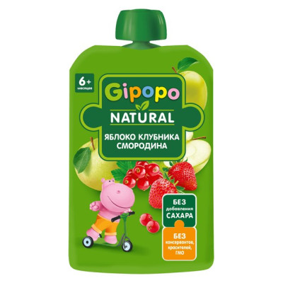 Пюре детское GIPOPO Яблоко, клубника, красная смородина с6м 90 г пауч/уп12