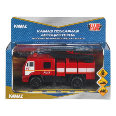 Машина металл KAMAZ 43502 ПОЖАРНАЯ АЦ 15 см, двери, подвиж дет, инерц, кор. Технопарк в кор.2*36шт