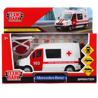 Машина металл MERCEDES-BENZ SPRINTER СКОРАЯ длина 14 см, двери, кор. Технопарк в кор.2*32шт