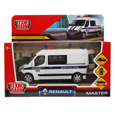 Машина металл RENAULT MASTER ПОЛИЦИЯ 14 см, двери, инерц, белый, кор. Технопарк в кор.2*32шт