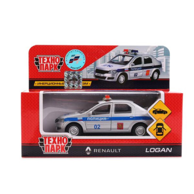 Машина металл RENAULT LOGAN ПОЛИЦИЯ, 12 см, двери, баг, ин.серебристый, кор. Технопарк в кор.2*36шт
