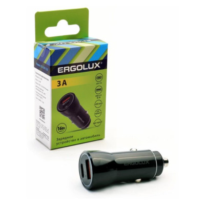 ERGOLUX ELX-CA01-C02 (Автомобильный адаптер 1USB+1Type C, 12В, 5V/3А, LED, Черный, Коробка)