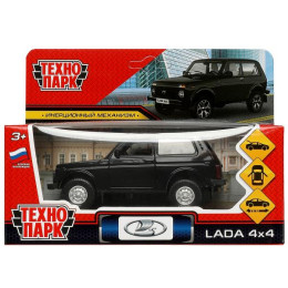 Машина металл LADA 4x4 длина 12 см, двери, багаж, инерц, черный, кор. Технопарк в кор.2*36шт