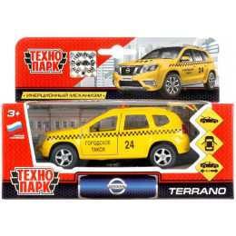 Машина металл NISSAN terrano ТАКСИ, 12 см, двери, багаж., инерц., кор. Технопарк в кор.2*24шт