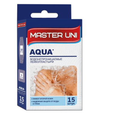 MASTER UNI АQUA Лейкопластырь водонепроницаемый медицинский фиксирующий на полимерной основе 15 шт.